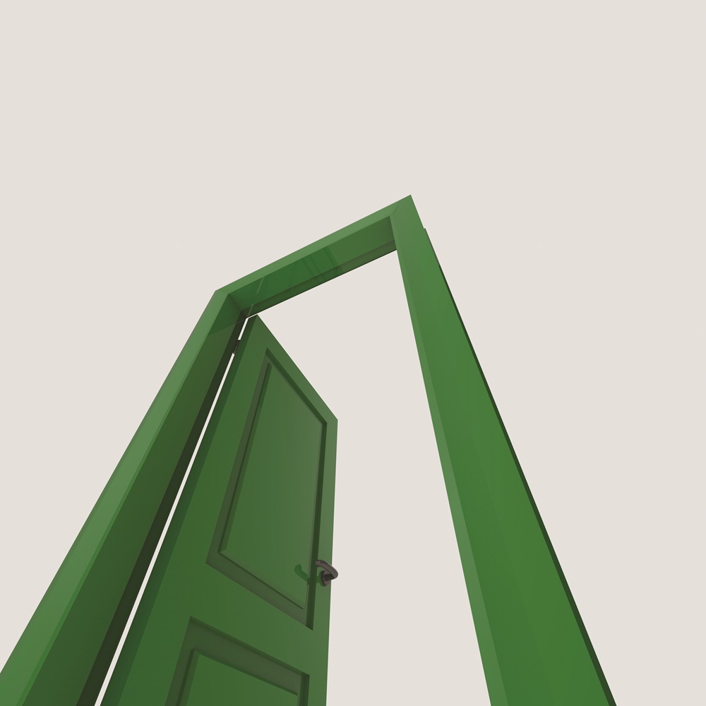 A green door opening over white space